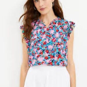 🌸 Loft Daisy Ruffle Button Mixed Media Top | Size M | Pink-Red Feminine Blouse 🌺
